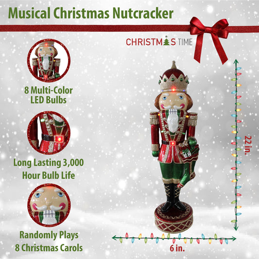 Christmas Time - 22-Inch Indoor/Outdoor Musical Christmas Nutcracker with Bright, Multi-Color LED Lights and Metallic Finish - Red, Mutli