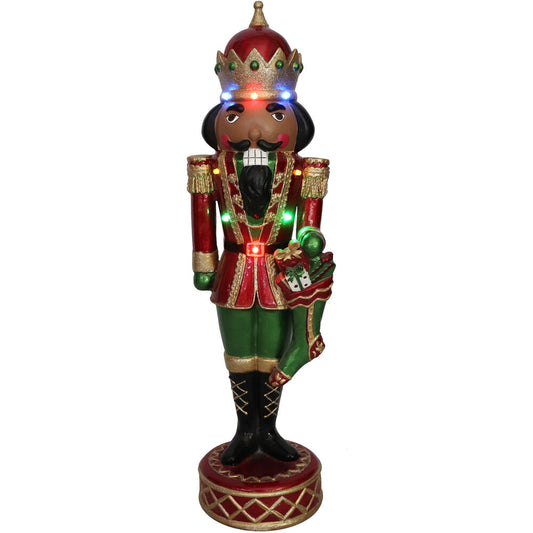 Christmas Time - 22-Inch Indoor/Outdoor Musical Christmas African American Nutcracker with Bright, Multi-Color LED Lights and Metallic Finish - Red, Mutli