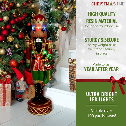 Christmas Time - 22-Inch Indoor/Outdoor Musical Christmas African American Nutcracker with Bright, Multi-Color LED Lights and Metallic Finish - Red, Mutli
