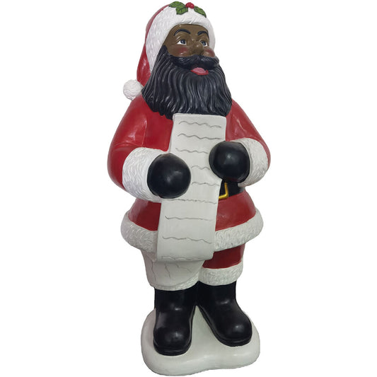 Christmas Time - 3-Ft. African American Santa Claus Figurine Holding a List, Resin Indoor or Covered Outdoor Holiday Decor - Red, White