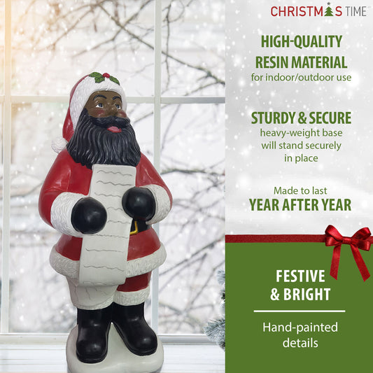 Christmas Time - 3-Ft. African American Santa Claus Figurine Holding a List, Resin Indoor or Covered Outdoor Holiday Decor - Red, White