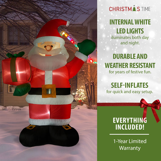 Christmas Time - 10-Ft. Tall Santa Claus Holding Gift, Prelit Outdoor Christmas Inflatable with Storage Bag - Red