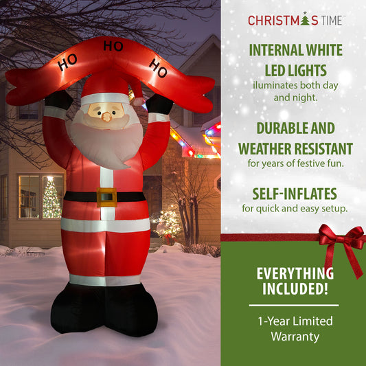 Christmas Time - 10-Ft. Tall Santa Holding HO HO HO Sign, Prelit Outdoor Christmas Inflatable with Storage Bag - Red
