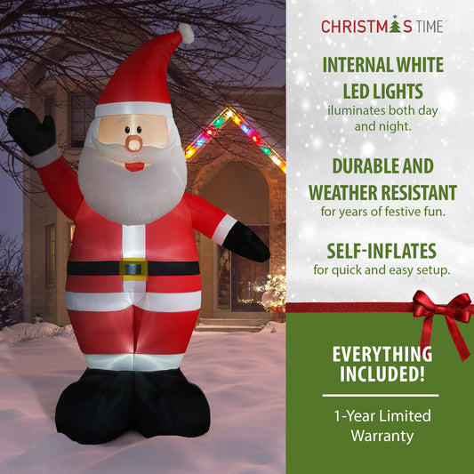 Christmas Time - 12-Ft. Tall Traditional Santa Claus, Prelit Outdoor Christmas Inflatable with Storage Bag - Red