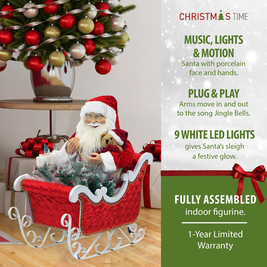 Christmas Time - 28-In. Music, Lights, and Motion Animated Santa Claus in his Sleigh, Indoor Christmas Holiday Home Decor - Red