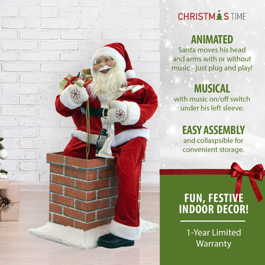 Christmas Time - 4-Ft. Music and Motion Santa Claus in the Chimney, Animated Indoor Christmas Holiday Home Decor - Red