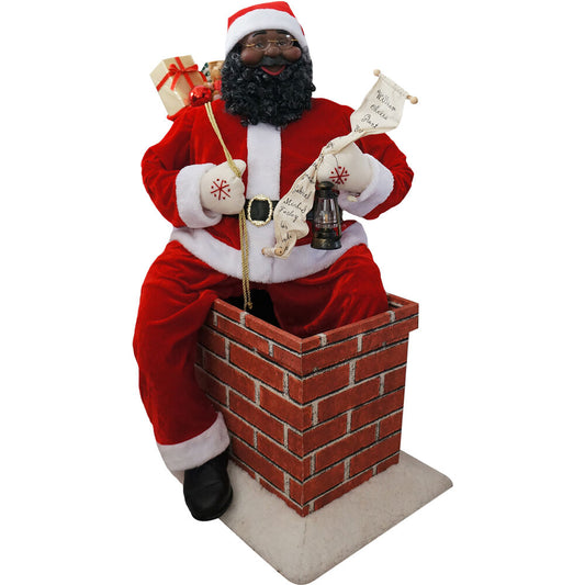 Christmas Time - 4-Ft. Music and Motion African American Santa Claus in the Chimney, Animated Indoor Christmas Holiday Home Decor - Red