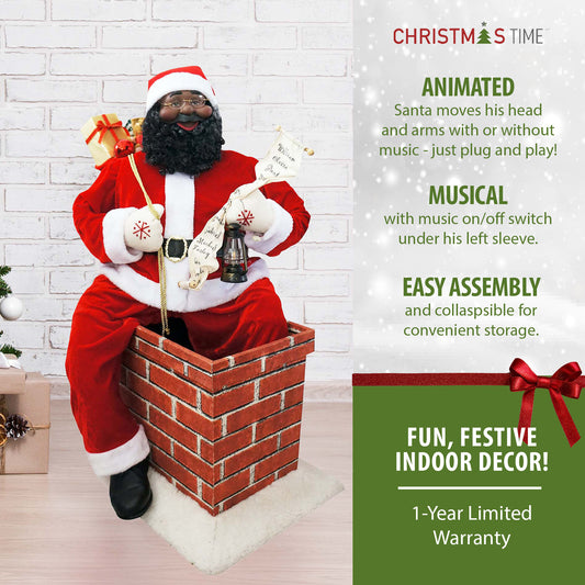 Christmas Time - 4-Ft. Music and Motion African American Santa Claus in the Chimney, Animated Indoor Christmas Holiday Home Decor - Red