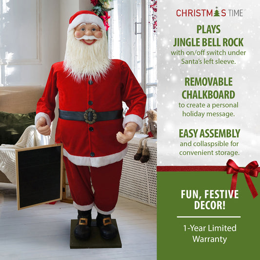 Christmas Time - 58-In. Musical Santa Claus Holding a Chalkboard, Indoor Christmas Holiday Home Decor - Red