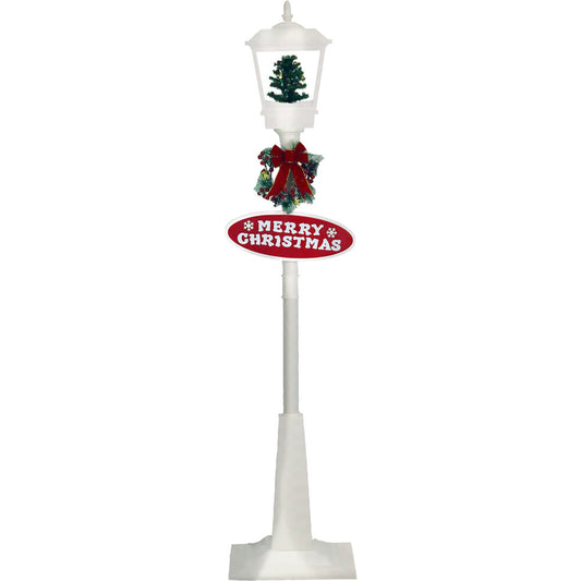 Christmas Time - 71-In. Musical Snowy Street Lamp with Christmas Tree Scene, 2 Signs Cascading Snow, and Holiday Songs, White - White