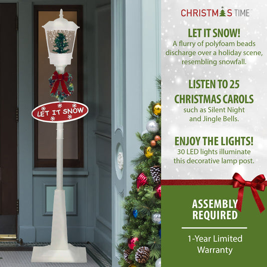 Christmas Time - 71-In. Musical Snowy Street Lamp with Christmas Tree Scene, 2 Signs Cascading Snow, and Holiday Songs, White - White