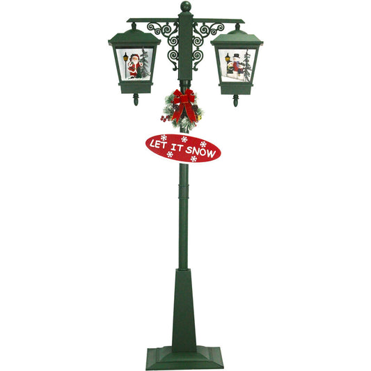 Christmas Time - 74-In. Musical Christmas Dual-Lantern Street Lamp with Santa, Snowman, 1 Sign, and Cascading Snow, Green - Green