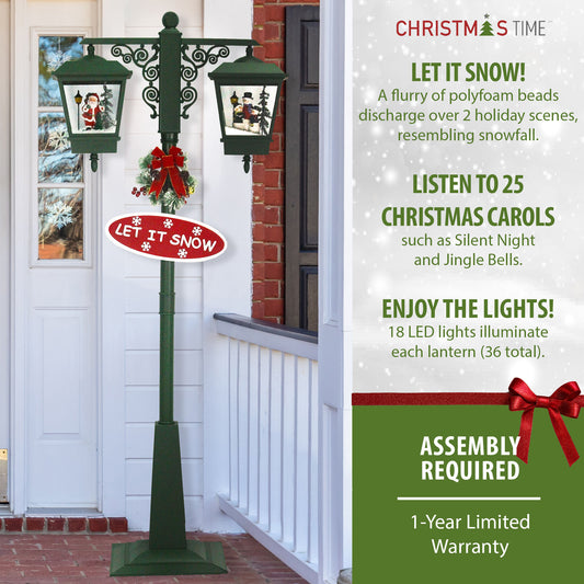 Christmas Time - 74-In. Musical Christmas Dual-Lantern Street Lamp with Santa, Snowman, 1 Sign, and Cascading Snow, Green - Green
