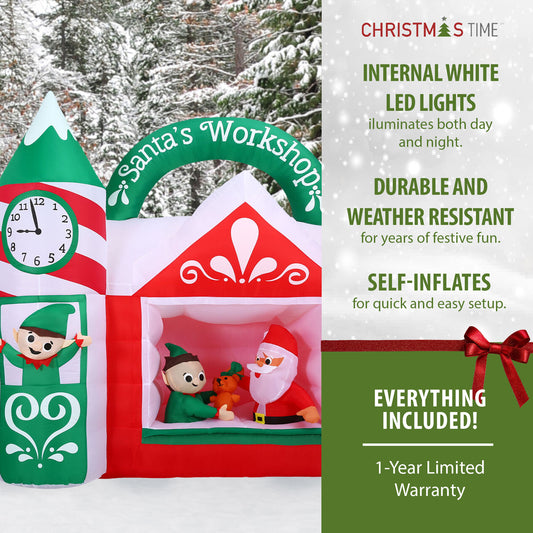 Christmas Time - 7-Ft. Pre-Lit Inflatable Santa's Workshop Outdoor Christmas Decoration - Red