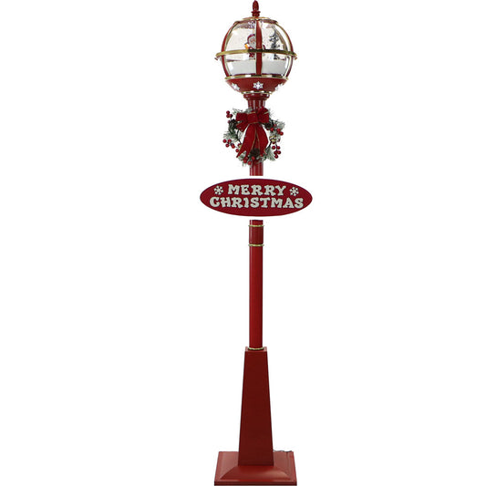 Christmas Time - 69-In. Musical Snow Globe Lamp Post with Santa Scene, 2 Signs, Cascading Snow, and Christmas Carols, Red - Red