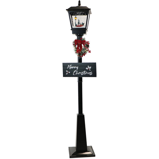 Christmas Time - 71-In. Musical Snowy Street Lamp with Retro Truck Scene, 2 Rustic Signs, Cascading Snow, and Christmas Carols, Black - Black
