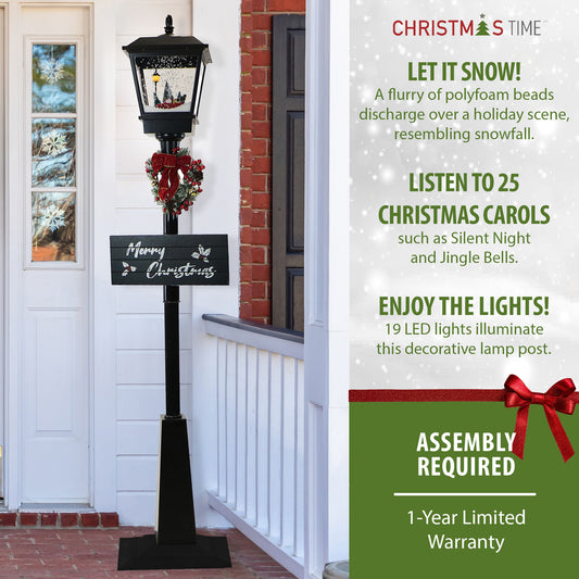 Christmas Time - 71-In. Musical Snowy Street Lamp with Retro Truck Scene, 2 Rustic Signs, Cascading Snow, and Christmas Carols, Black - Black