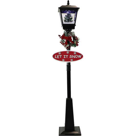 Christmas Time - 71-In. Musical Snowy Street Lamp with Christmas Tree Scene, 2 Signs, Cascading Snow, and Holiday Songs, Black - Black