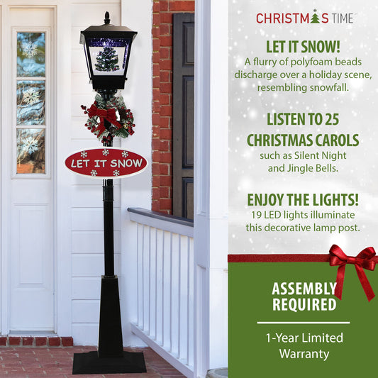 Christmas Time - 71-In. Musical Snowy Street Lamp with Christmas Tree Scene, 2 Signs, Cascading Snow, and Holiday Songs, Black - Black