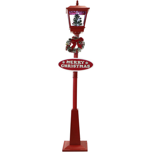 Christmas Time - 71-In. Musical Snowy Street Lamp with Christmas Tree Scene, 2 Signs, Cascading Snow, and Holiday Songs, Red - Red