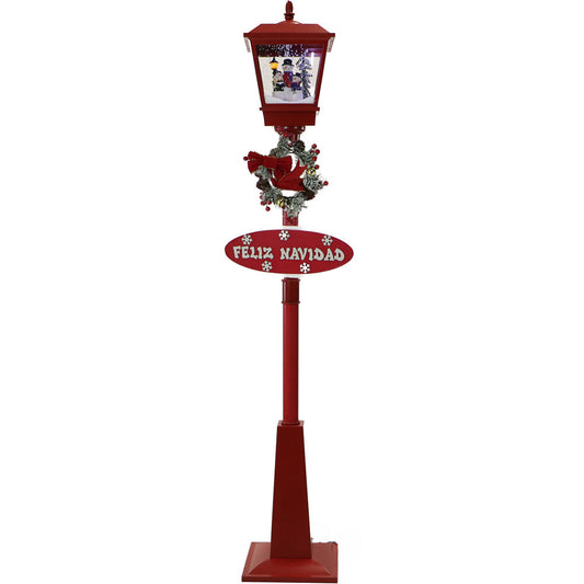 Christmas Time - 71-In. Musical Snowy Street Lamp with Snowman Trio Scene, 2 Signs, Cascading Snow, and Christmas Carols, Red - Red