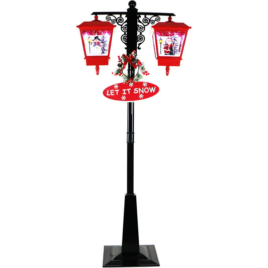 Christmas Time - 71-In. Dual-Lantern Musical Snowy Street Lamp with Santa, Snowman, Sign, and Cascading Snow, Red/Black - Green