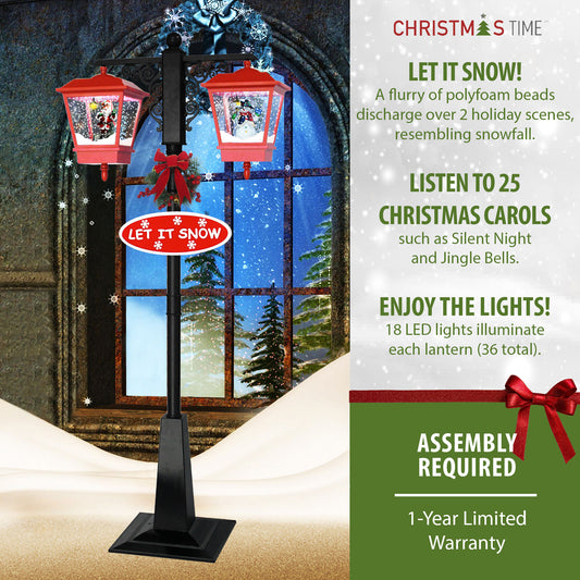 Christmas Time - 71-In. Dual-Lantern Musical Snowy Street Lamp with Santa, Snowman, Sign, and Cascading Snow, Red/Black - Green