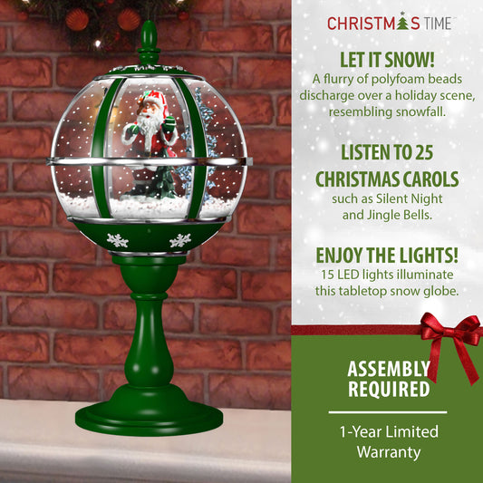 Christmas Time - 23-In. Tabletop Musical Snow Globe with Santa Scene, Cascading Snow, and Christmas Carols, Green - Green