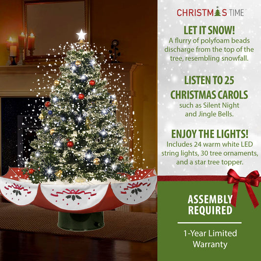 Christmas Time - 29-In. Musical Snowy Indoor Holiday Decor, Green Christmas Tree with Red Umbrella Base - Green