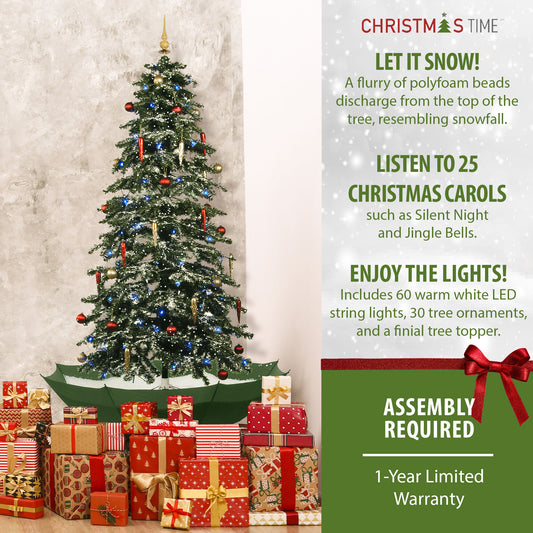 Christmas Time - 67-In. Musical Snowy Indoor Holiday Decor, Green Christmas Tree with Green Umbrella Base - Green