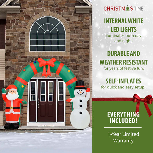 Christmas Time - 8-Ft. Tall Walkway Arch w/ Santa Claus and Snowman, Prelit Outdoor Christmas Inflatable with Storage Bag - Green