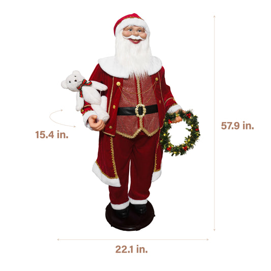 Fraser Hill Farm - 58-In. Life-Size Dancing Santa with Bear and Wreath, Motion-Activated Christmas Animatronic - Red