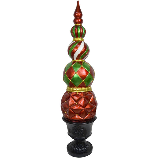 Fraser Hill Farm - 50-In. Resin Ball and Finial Topiary in a Black Pedestal Urn - Indoor or Outdoor Christmas Decoration, Harlequin and Stripe - Red, Green, Black, Gold
