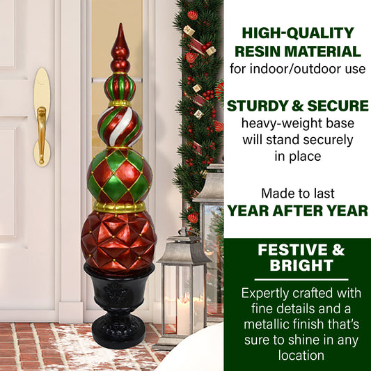 Fraser Hill Farm - 50-In. Resin Ball and Finial Topiary in a Black Pedestal Urn - Indoor or Outdoor Christmas Decoration, Harlequin and Stripe - Red, Green, Black, Gold