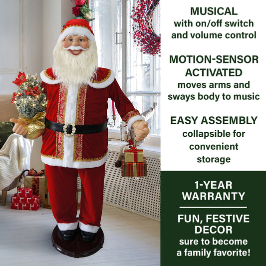 Fraser Hill Farm - 58-In. Dancing Santa Claus with Prelit Christmas Tree and Wrapped Gifts, Life-Size Motion-Activated Christmas Animatronic - Red