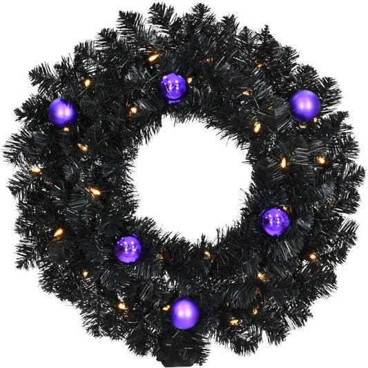 Haunted Hill Farm - 24-In. Spooky Black Tinsel Wreath with Purple Ornaments and Warm White LED Lights, Battery Operated - Black, Purple