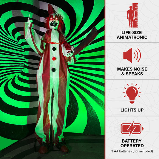 Haunted Hill Farm - Lifesize Animatronic Clown Holding Knife with Lights and Sound, Indoor/Covered Outdoor Halloween Decoration - Multi