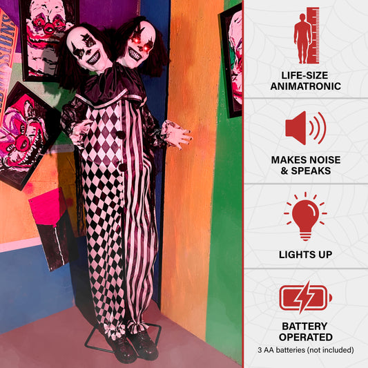 Haunted Hill Farm - Lifesize Animatronic Two-Headed Clown with Lights and Sound, Indoor/Covered Outdoor Halloween Decoration - Multi