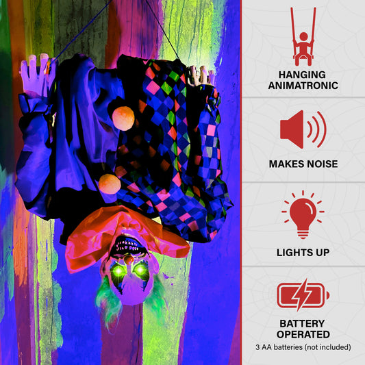 Haunted Hill Farm - Animatronic Upside Down Clown on Swing with Lights and Sound, Indoor/Covered Outdoor Halloween Decoration - Multi