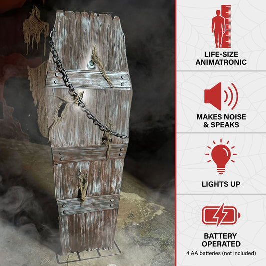 Haunted Hill Farm - Lifesize Animated Coffin Prop with Lights and Sound, Indoor/Covered Outdoor Halloween Decoration - Multi