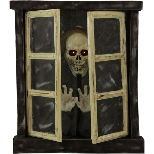 Haunted Hill Farm - 2.8-ft. Animated Window with Skeleton, Indoor/Covered Outdoor Halloween Decoration, Flashing Red Eyes, Battery-Operated - Multi
