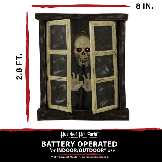 Haunted Hill Farm - 2.8-ft. Animated Window with Skeleton, Indoor/Covered Outdoor Halloween Decoration, Flashing Red Eyes, Battery-Operated - Multi