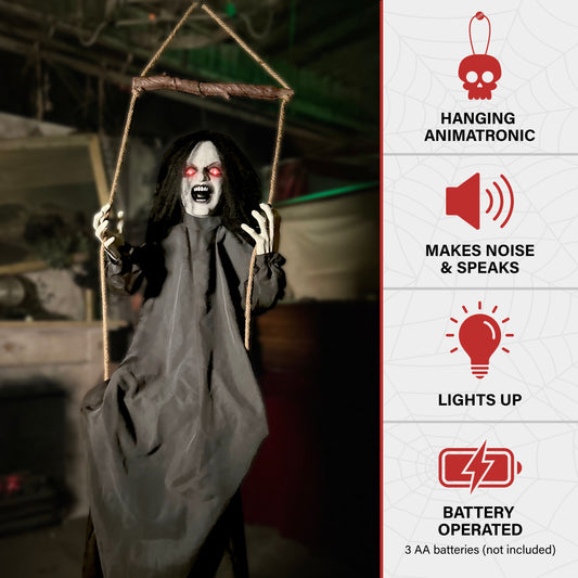 Haunted Hill Farm - Animatronic Demon Woman on Swing with Lights and Sound, Indoor/Covered Outdoor Halloween Decoration - Multi