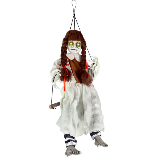 Haunted Hill Farm - Animatronic Haunted Doll on Swing with Lights and Sound, Indoor/Covered Outdoor Halloween Decoration - Multi