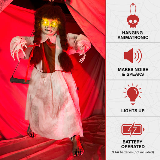 Haunted Hill Farm - Animatronic Haunted Doll on Swing with Lights and Sound, Indoor/Covered Outdoor Halloween Decoration - Multi
