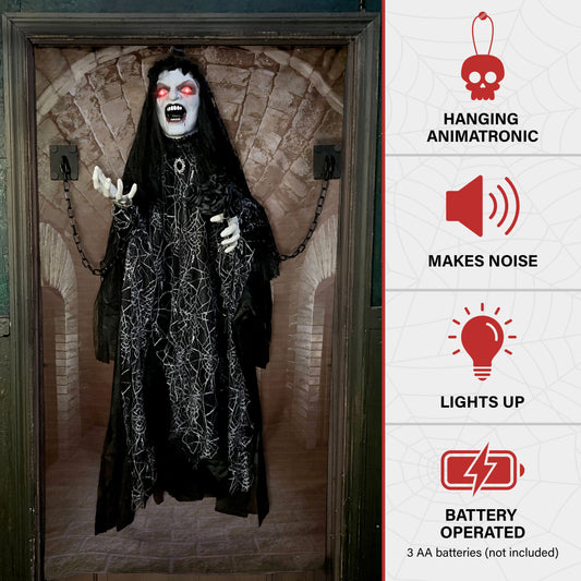 Haunted Hill Farm - Animatronic Demon Widow Door Greeter with Lights and Sound, Indoor/Covered Outdoor Halloween Decoration - Multi