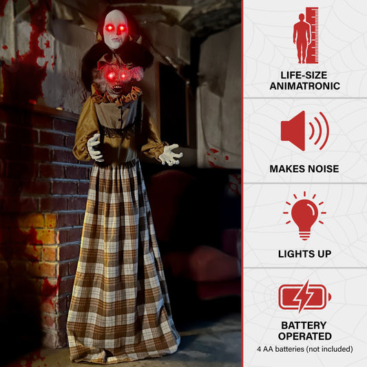 Haunted Hill Farm - Lifesize Animatronic Haunted Woman with Lights and Sound, Indoor/Covered Outdoor Halloween Decoration - Multi