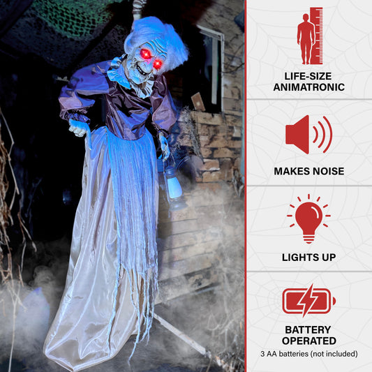 Haunted Hill Farm - Lifesize Animatronic Old Lady Zombie with Lights and Sound, Indoor/Covered Outdoor Halloween Decoration - Multi