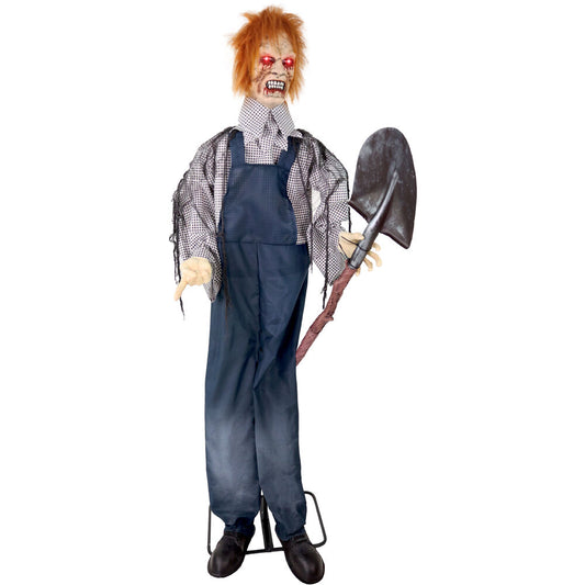 Haunted Hill Farm - Lifesize Animatronic Evil Grave Digger with Shovel with Lights and Sound, Indoor/Covered Outdoor Halloween Decoration - Multi