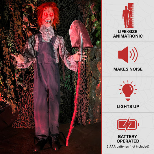 Haunted Hill Farm - Lifesize Animatronic Evil Grave Digger with Shovel with Lights and Sound, Indoor/Covered Outdoor Halloween Decoration - Multi